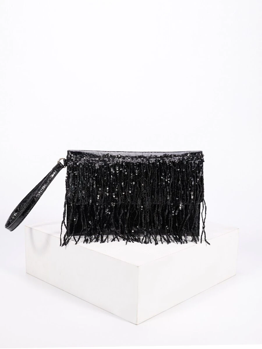 Fringe Decor Sequin Square Bag With Wristlet - Black - View 1