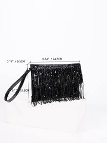 Fringe Decor Sequin Square Bag With Wristlet - Black - View 4