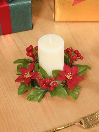 1pc Realistic Mini Fine Flower&Berry Wreath - Elegant Tabletop Centerpiece Decoration, Kitchen Cabinet Decor, Holiday Window Ornament (Candle Not Included)