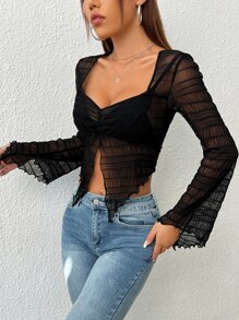 SHEIN ICON Sweetheart Neck Split Hem Mesh Y2k Top - Black - View 3