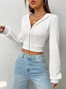 SHEIN EZwear Quần áo thể thao nữ Dây kéo màu trơn Giải trí - trắng - Xem 5