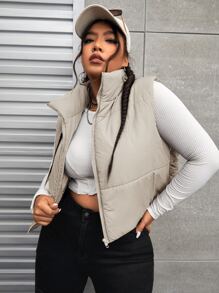 SHEIN EZwear 加大拉链背心外套，适合冬季简约时尚日常休闲 - 米色 - 查看 5