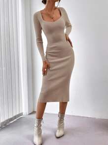 SHEIN X Lucía Bellido Firerie 方領插肩袖後背開叉毛衣裙不附腰帶 - 卡其色 - 查看 6