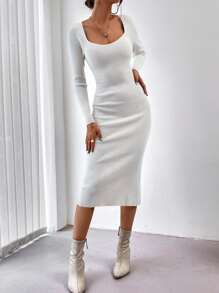 SHEIN Privé Square Neck Raglan Sleeve Slit Back Jumper Dress Without Belt - White - View 4