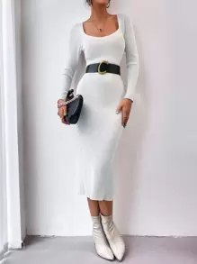 SHEIN Privé Square Neck Raglan Sleeve Slit Back Jumper Dress Without Belt - White - View 5