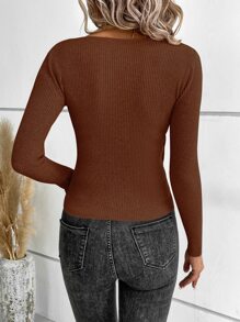 SHEIN Clasi Suéter de punto acanalado de cuello en V, tops de manga larga - Café integral - Ver 2