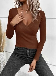 SHEIN Clasi Suéter de punto acanalado de cuello en V, tops de manga larga - Café integral - Ver 4