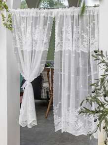 1pc Romantic Sweet Style White Lace Flower Pattern Window Curtain, Short Polyester Fiber Material For Living Room Bedroom Window Decor - White - View 3