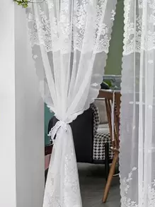 1pc Romantic Sweet Style White Lace Flower Pattern Window Curtain, Short Polyester Fiber Material For Living Room Bedroom Window Decor - White - View 8