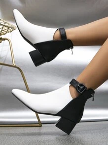 黑/白優雅雙色美式風格短靴帶搭扣裝飾,尖頭和粗跟 - 黑與白 - 查看 4