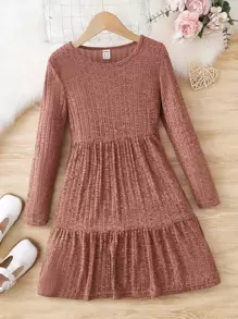 Niñas Vestido tejido jaspeado bajo con fruncido - Marrón - Ver 5