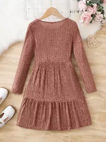 Niñas Vestido tejido jaspeado bajo con fruncido - Marrón - Ver 2