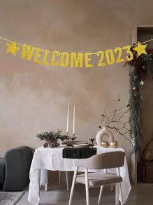 1pc Glitter Year Number & Star Design Pull Flag - Gold - View 1