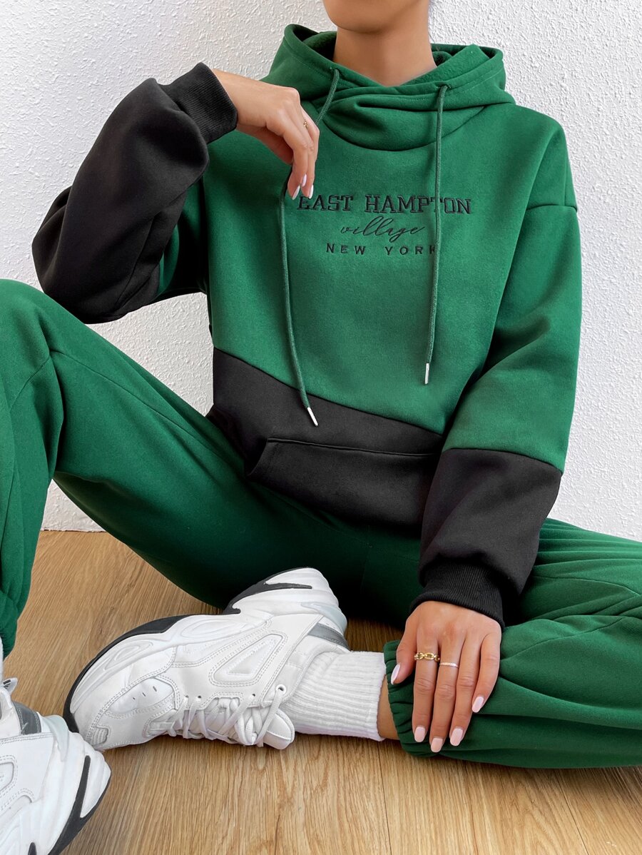 Lunelith SHEIN Lunessa Pantaloni sportivi e Felpa con cappuccio bicolore lettere spalle cadenti con coulisse