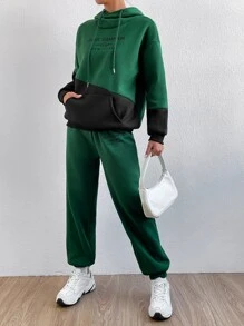 Lunelith SHEIN Lunessa Pantaloni sportivi e Felpa con cappuccio bicolore lettere spalle cadenti con coulisse