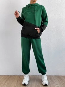 Lunelith SHEIN Lunessa Pantaloni sportivi e Felpa con cappuccio bicolore lettere spalle cadenti con coulisse