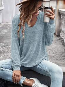 SHEIN LUNE Áo thun nữ màu trơn Giải trí - Màu xanh bụi bặm - Xem 5