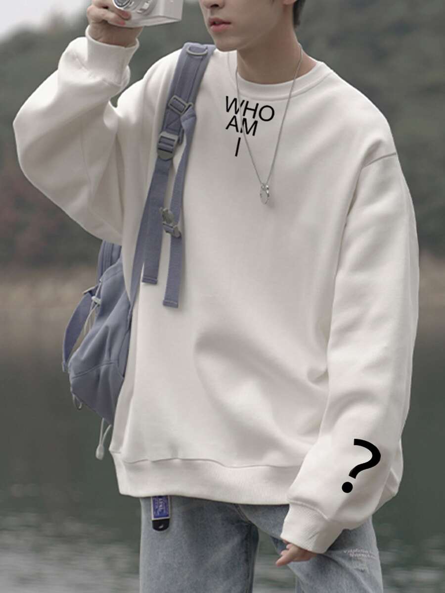 Manfinity Sudadera De Hombre Holgada Con Hombros Caídos Y Gráfico De Letras - Blanco - Ver 1