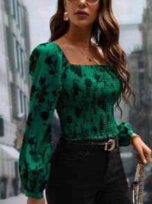 SHEIN Frenchy 印花方領燈籠袖襯衫 - 墨綠色 - 查看 1