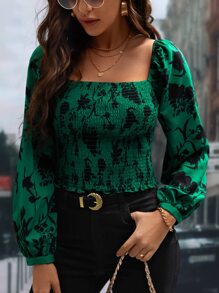 SHEIN Frenchy 印花方領燈籠袖襯衫 - 墨綠色 - 查看 2