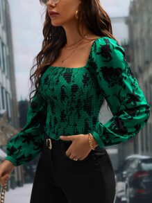 SHEIN Frenchy 印花方領燈籠袖襯衫 - 墨綠色 - 查看 4