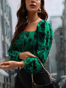 SHEIN Frenchy 印花方領燈籠袖襯衫 - 墨綠色 - 查看 5