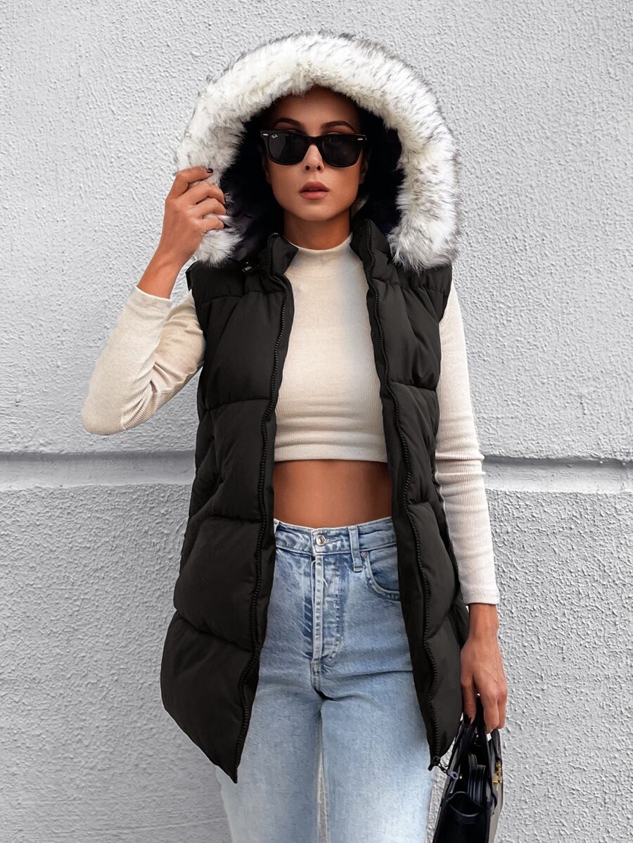 EURMUSE Zip Up Fuzzy Trim Hooded Puffer Vest Coat