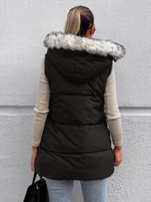 EURMUSE Zip Up Fuzzy Trim Hooded Puffer Vest Coat - Black - View 3