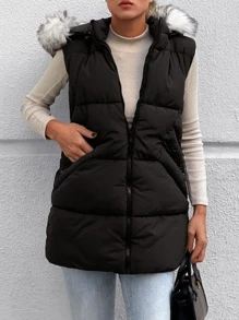 EURMUSE Zip Up Fuzzy Trim Hooded Puffer Vest Coat - Black - View 4