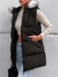 EURMUSE Zip Up Fuzzy Trim Hooded Puffer Vest Coat - Black - View 5
