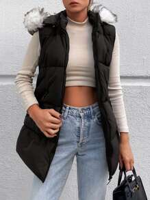 EURMUSE Zip Up Fuzzy Trim Hooded Puffer Vest Coat - Black - View 6