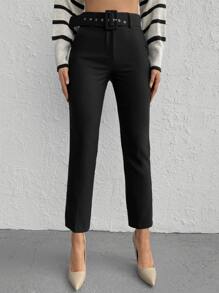 EURMUSE High Waist Belted Straight Leg Trousers - Black - View 1
