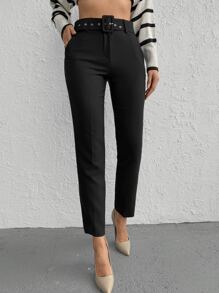 EURMUSE High Waist Belted Straight Leg Trousers - Black - View 3