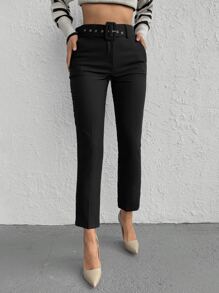 EURMUSE High Waist Belted Straight Leg Trousers - Black - View 4