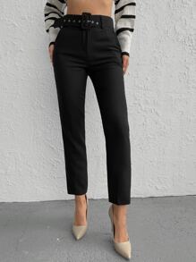 EURMUSE High Waist Belted Straight Leg Trousers - Black - View 5