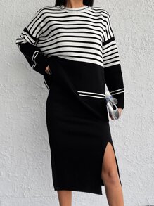 EURMUSE Striped Pattern Drop Shoulder Sweater & Split Thigh Knit Skirt - Đen và trắng - Xem 1