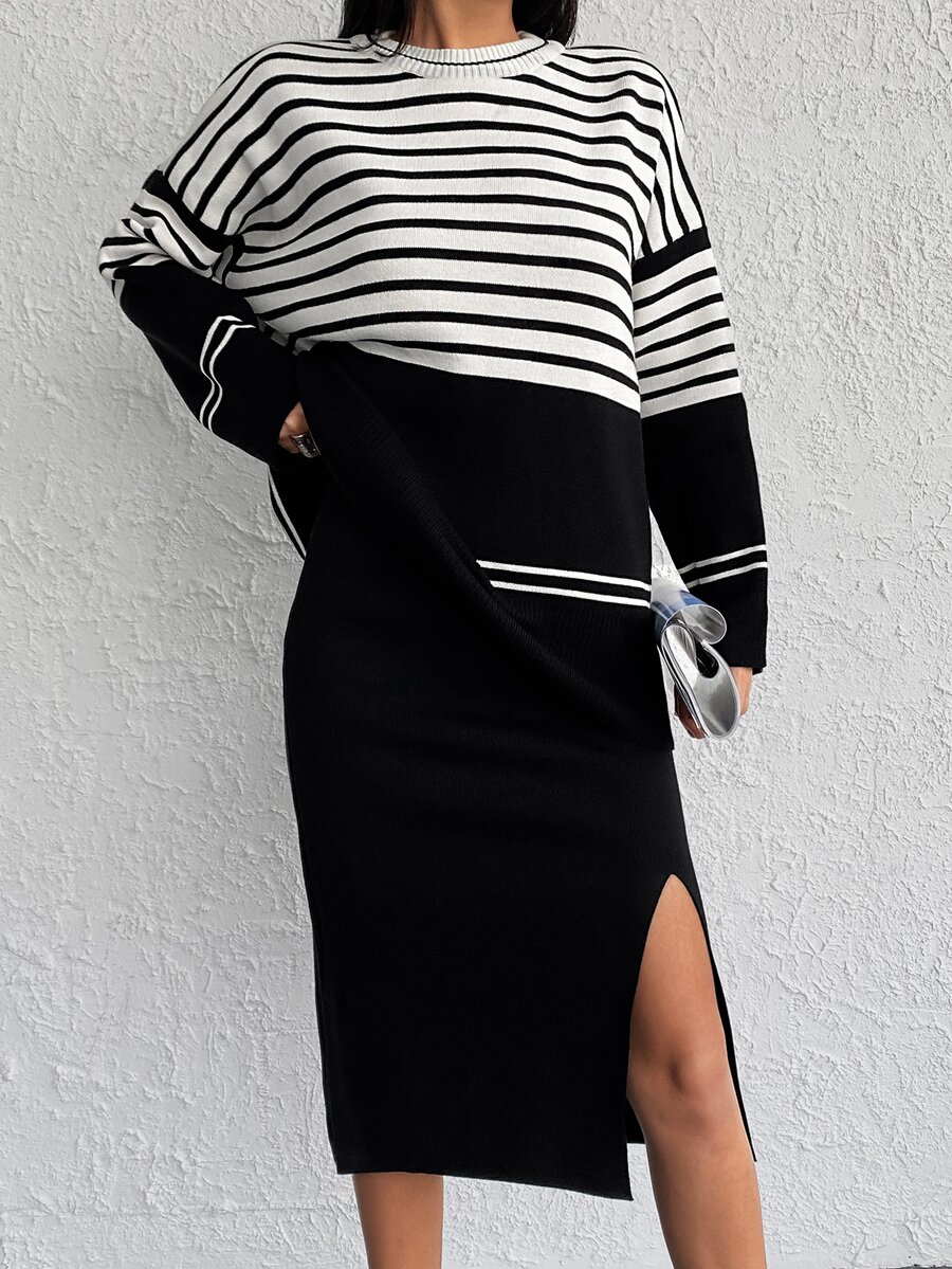 EURMUSE Striped Pattern Drop Shoulder Sweater & Split Thigh Knit Skirt - Đen và trắng - Xem 1