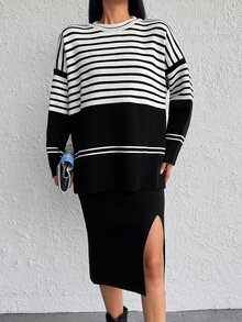 EURMUSE Striped Pattern Drop Shoulder Sweater & Split Thigh Knit Skirt - Đen và trắng - Xem 4