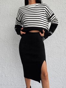 EURMUSE Striped Pattern Drop Shoulder Sweater & Split Thigh Knit Skirt - Đen và trắng - Xem 5