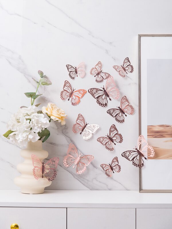 12pcs Hollow Out 3D Butterfly Sticker, Modern Paper Butterfly Sticker