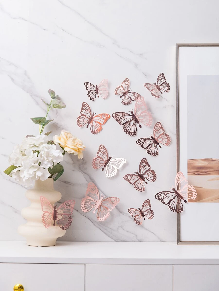 12pcs Hollow Out 3D Butterfly Sticker, Modern Paper Butterfly Sticker For Home Decoration - Rose Gold - View 1