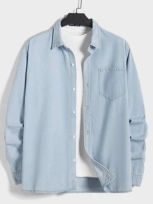 Manfinity RebelGame Men Plus Pocket Patched Denim Shirt Without Tee - Light Wash - View 1