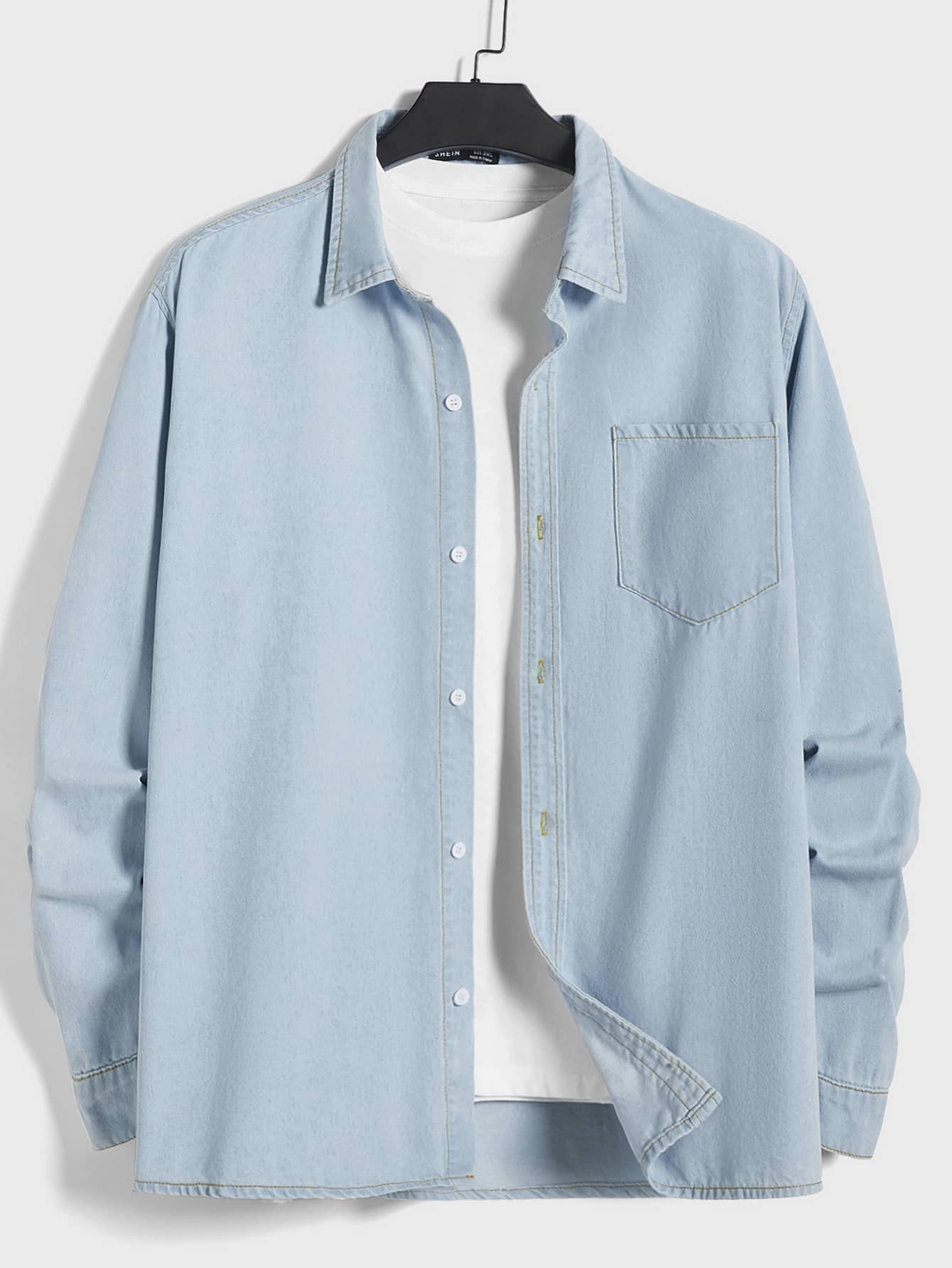 Manfinity RebelGame Men Plus Pocket Patched Denim Shirt Without Tee - Light Wash - View 1