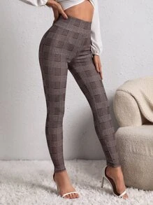 SHEIN Clasi 高腰千鳥格緊身褲 - 酒紅色 - 查看 1