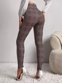 SHEIN Clasi 高腰千鳥格緊身褲 - 酒紅色 - 查看 2
