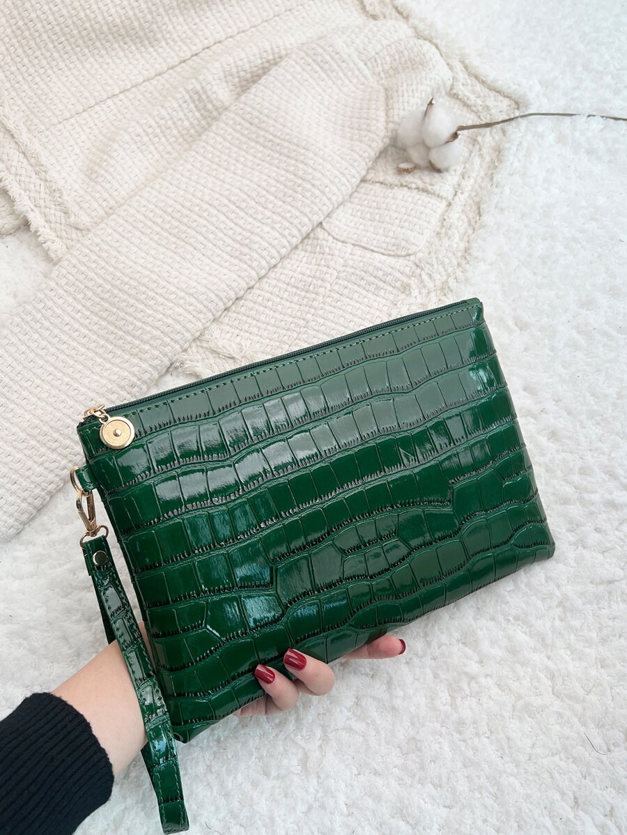 Crocodile Embossed Square Bag With Wristlet - Dark Green - View 1