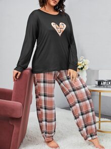 Plus Heart Print Tee & Plaid Trousers PJ Set - Multicolor - View 5