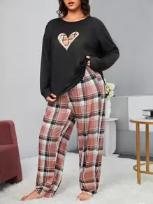 Plus Heart Print Tee & Plaid Trousers PJ Set - Multicolor - View 1