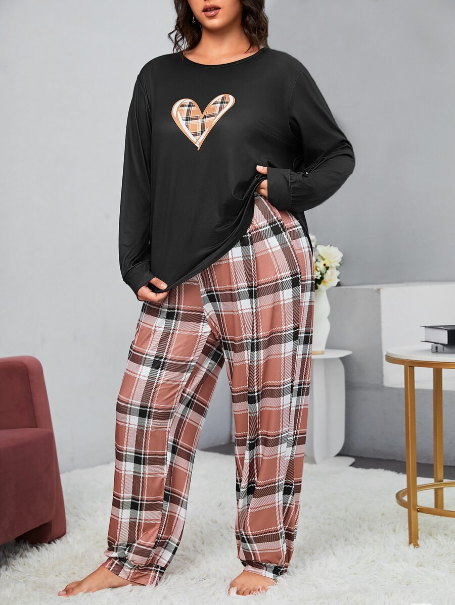 Plus Heart Print Tee & Plaid Trousers PJ Set - Multicolor - View 1