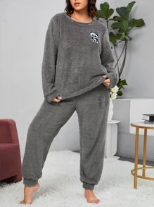 Plus Panda Embroidery Flannel PJ Set - Grey - View 1